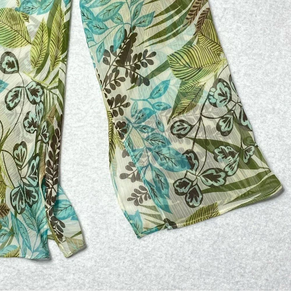 Loft Tropical Hawaiian Floral Top Womens L Green Sheer V Neck Long Sleeve Resort